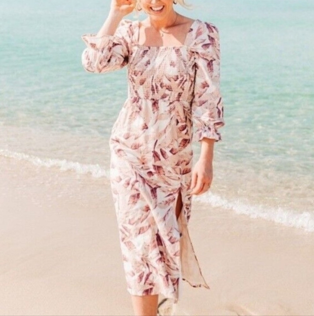HOUSE of HARLOW 1960 Linen Blend Tropical Floral Print Midi Dress, size S